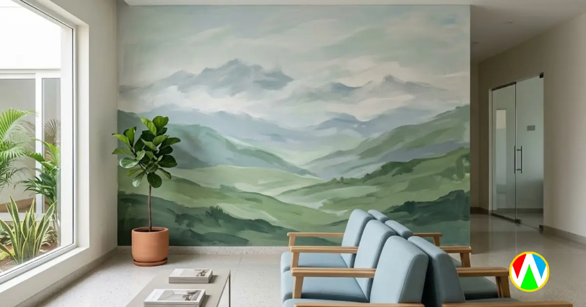 Hospital waiting room featuring soothing biophilic nature art wall murals