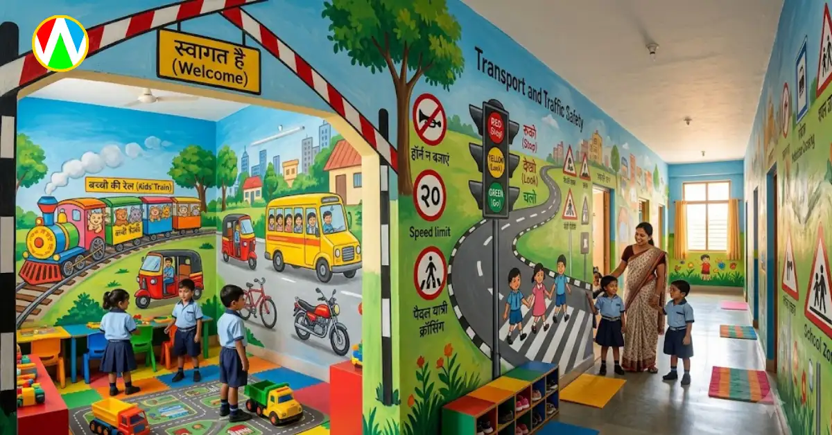 Play school wall painting India featuring transport and traffic safety theme
