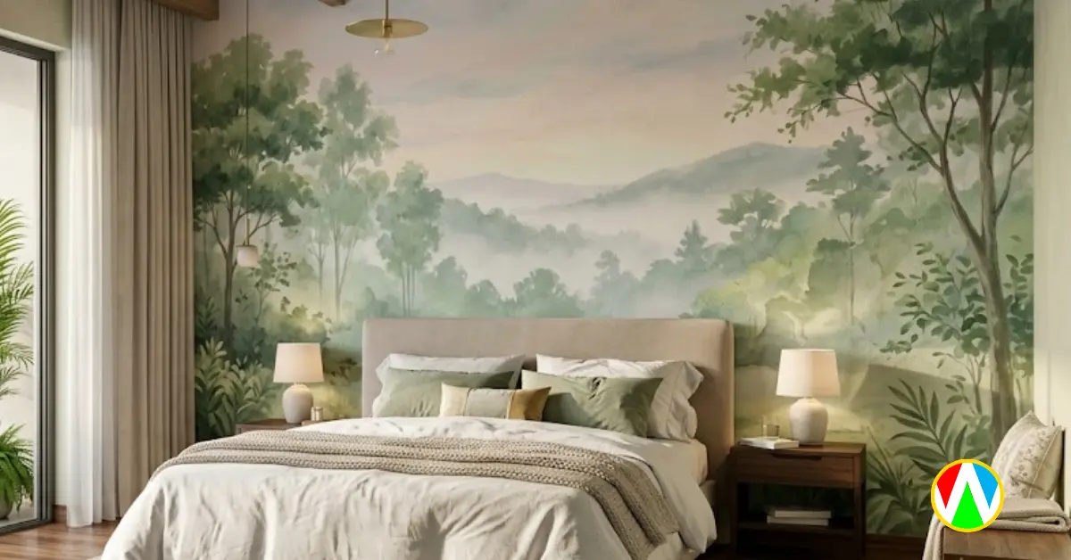 Luxury master bedroom adorned with biophilic nature art wall murals