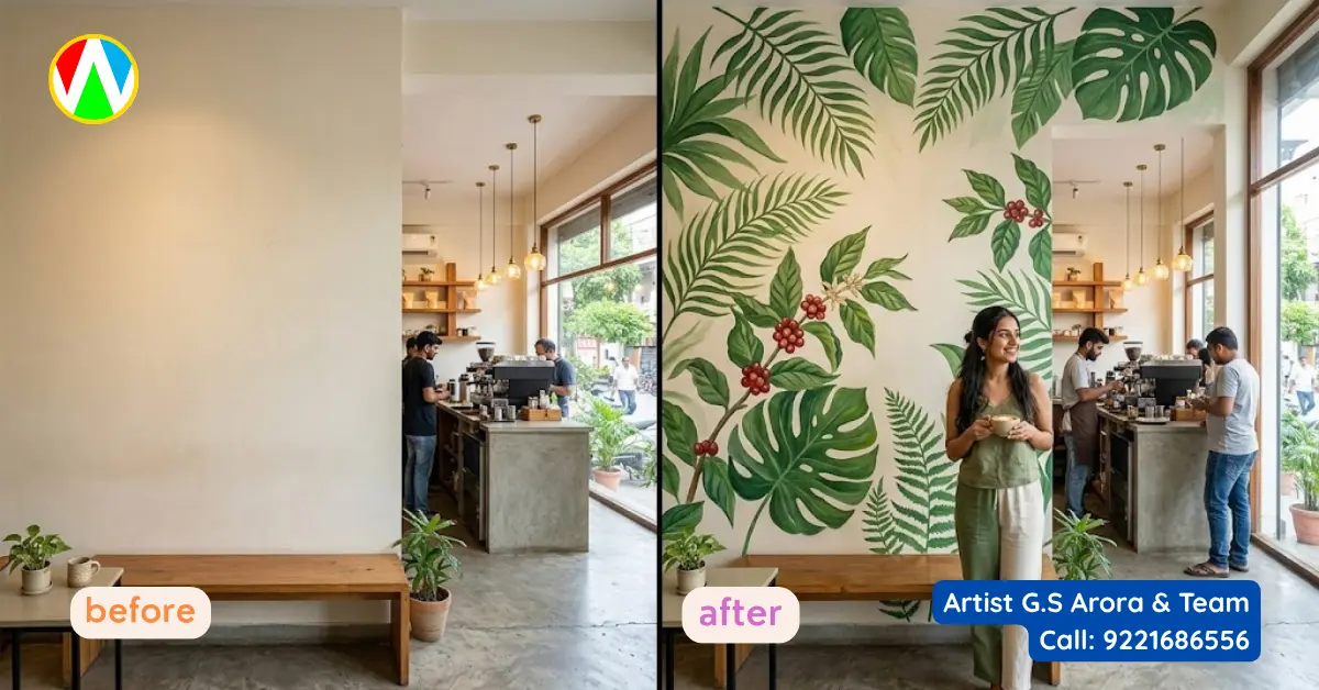 Before and after split screen of a plain wall transformed into a biophilic botanical modern commercial cafe mural