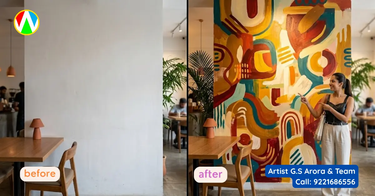 Before and after split screen of a blank wall transformed into abstract urban cafe wall painting