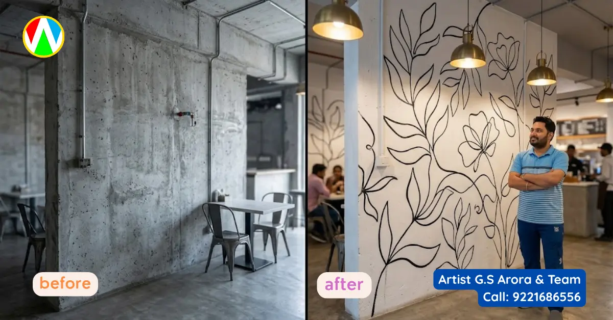 Before and after split screen showing a dull wall turning into minimalist monochrome cafe wall painting