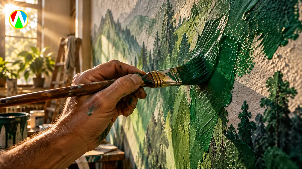 Close up of a master artist hand using a premium brush with thick rich acrylic paint on a textured wall glowing with natural light